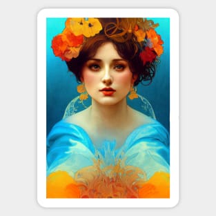 Art Nouveau Beauty in Blue and Gold, Vintage, Mucha, Gilded Age Sticker